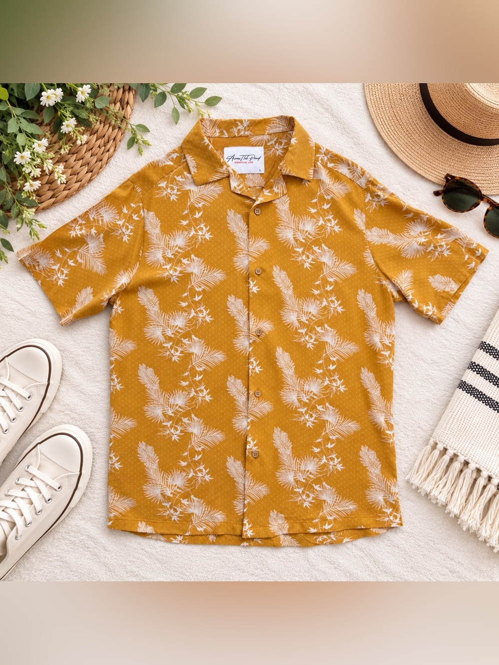 Across The Pond Signature Line Floral Button Up Shirt Mustard Yellow L